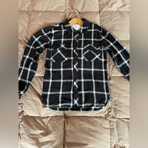 Button down black and white large plaid print shirt.